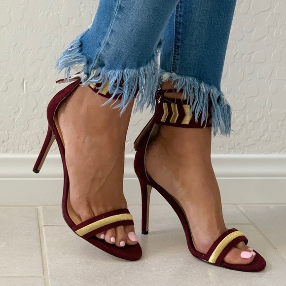 Red Wine Golden Embroidery High Heel Chic Sandal - Picture 7 of 7